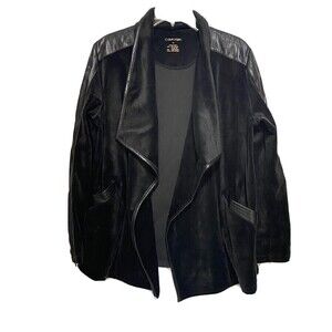 CALVIN KLEIN Black Faux Leather Trim Velour Flyaway Jacket Moto Style Medium